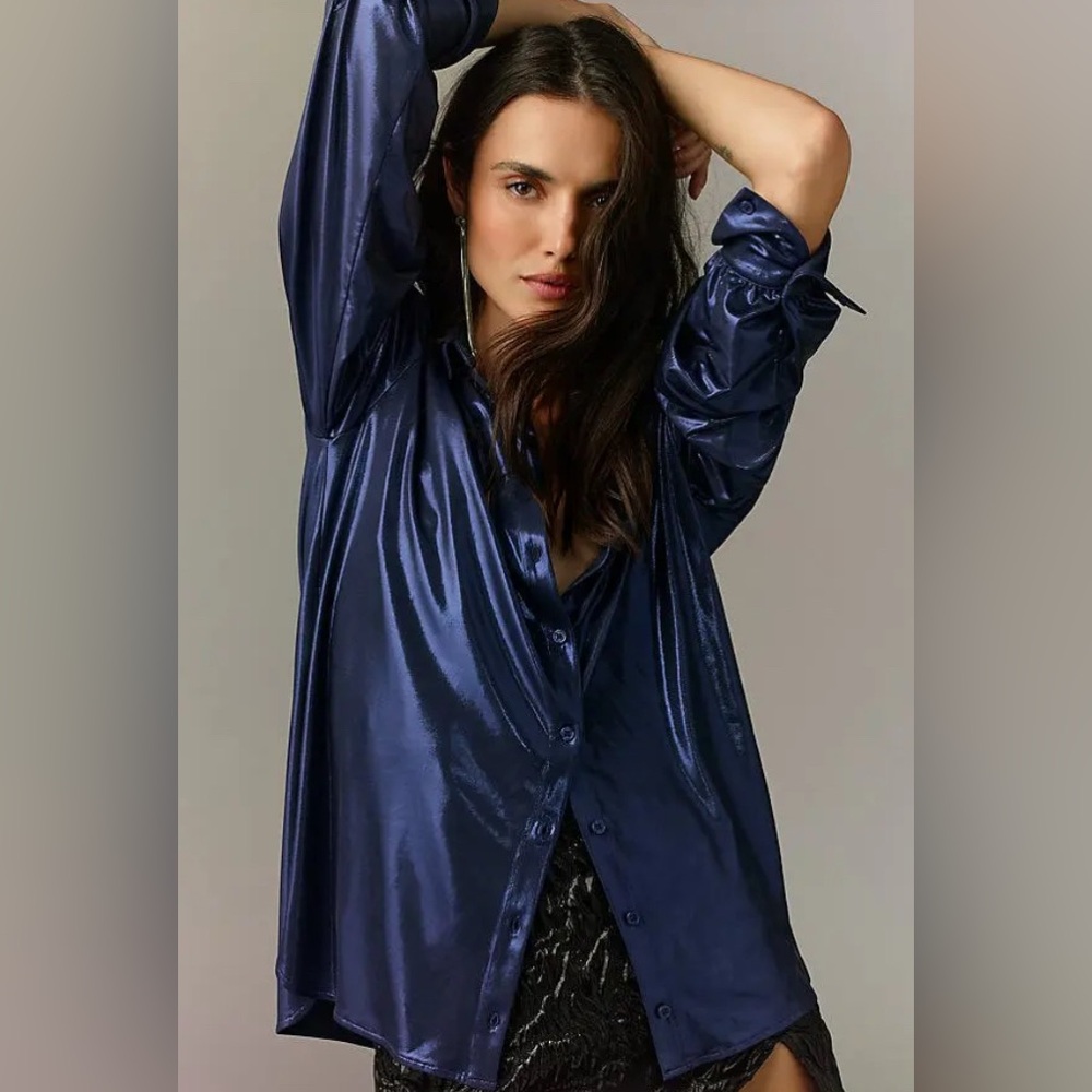 Anthropologie Shine Buttondown shirt Navy Midnight Blue Satin Blouse